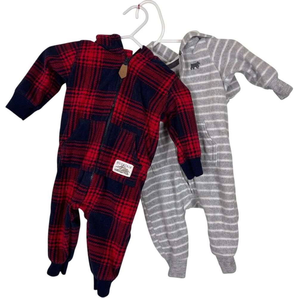 Carter's Fleece Bear Ear Footless Suits Red Blue Plaid Gray Striped 3 Months